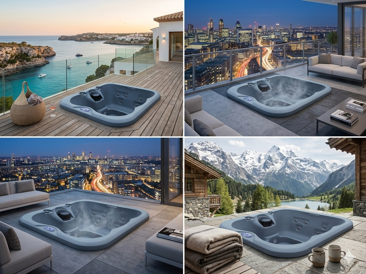 Collection spas WeeSpa installés dans différents environnements en Isère — jardin, terrasse, montagne près de Saint-Ismier